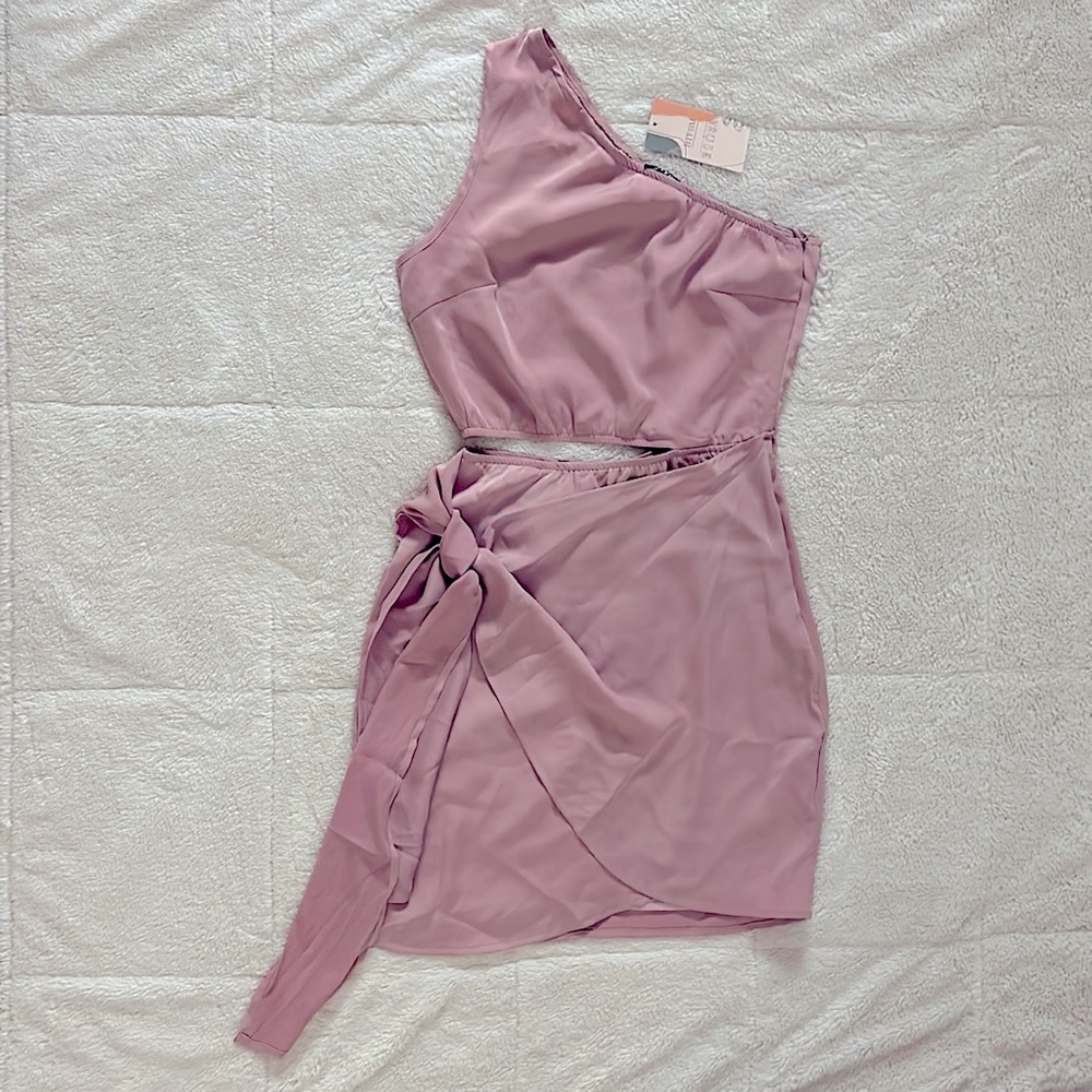 BTFBM One Shoulder Satin Mini Dress with Tie Waist — Solid Light Pink